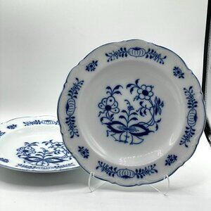 Vintage Gerold Tettau W. Germany Blue Onion Set of Two Soup Bowls Ruffle Edge 9"